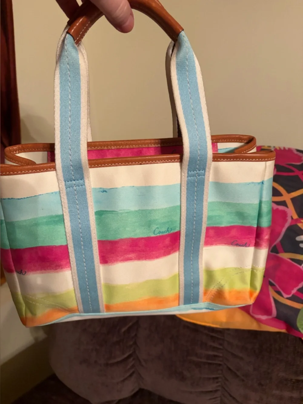 Vintage Coach Hampton Watercolor Striped Canvas Tote Bag